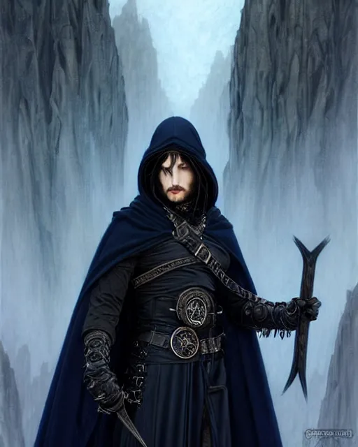 Image similar to realistic male mage face portrait attacking, long black hair blue eyes wearing leather mantle gothic navy cloak with leather details, cliffside town, fantasy character portrait, ultrarealistic, extreme intricate details, elegant, cinematic lighting, highly detailed, artstation, dnd art, cgsociety, sharp focus, beautiful digital painting by artgerm, gerald brom, wlop, alphonse mucha