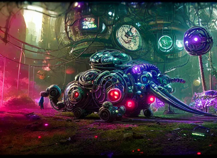 Prompt: giant intricate mechanical snail with cybernetic enhancements and visible gears and fiber optics, on the background of a weird magical mechanical forest. Very detailed 8k. Fantasy cyberpunk horror. Sharp. Cinematic post-processing. Unreal engine. Nanite. Ray tracing. Parallax. Tessellation
