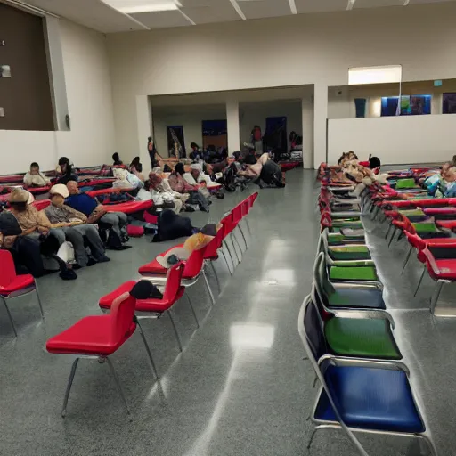 Image similar to werner herzog sits surrounded by empty chairs in the waiting area of the dmv. ultra wide angle, wes anderson, award winning, hyperrealistic, grand budapest hotel, studio lighting, very detailed face, 4 k