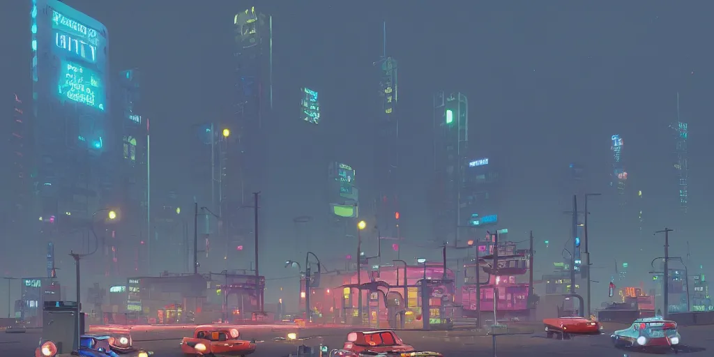 Image similar to city, building, cars, neon lights, night time, park, people, happy town, by Goro Fujita and Simon Stalenhag , 8k, trending on artstation, hyper detailed, cinematic