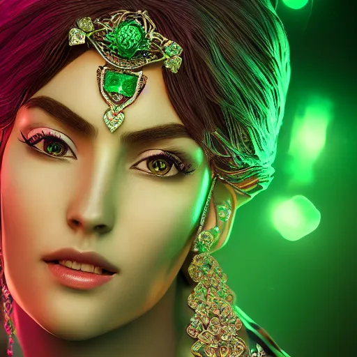 Prompt: photo of wonderful princess of emerald with fair skin, glowing, ornate and intricate green jewelry, jaw dropping beauty, eyepopping colors, dynamic lighting, intricate and detailed, 4 k octane render
