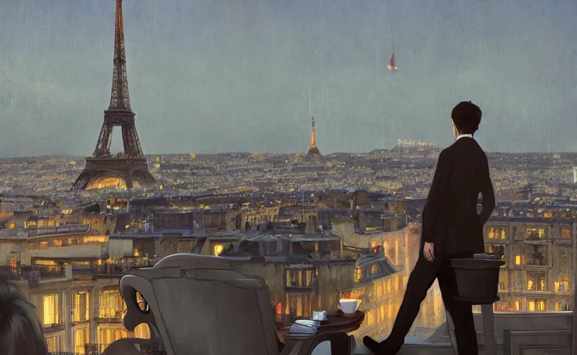 Prompt: elegant man drinking coffee at balcony in france, city with eiffel tower seen behind, late night sunset, city living, detailed characters, by greg rutkowski, alphonse mucha, beeple, sharp focus, digital art, smooth, light refraction, pixiv art, volumetric lighting, makoto shinkai