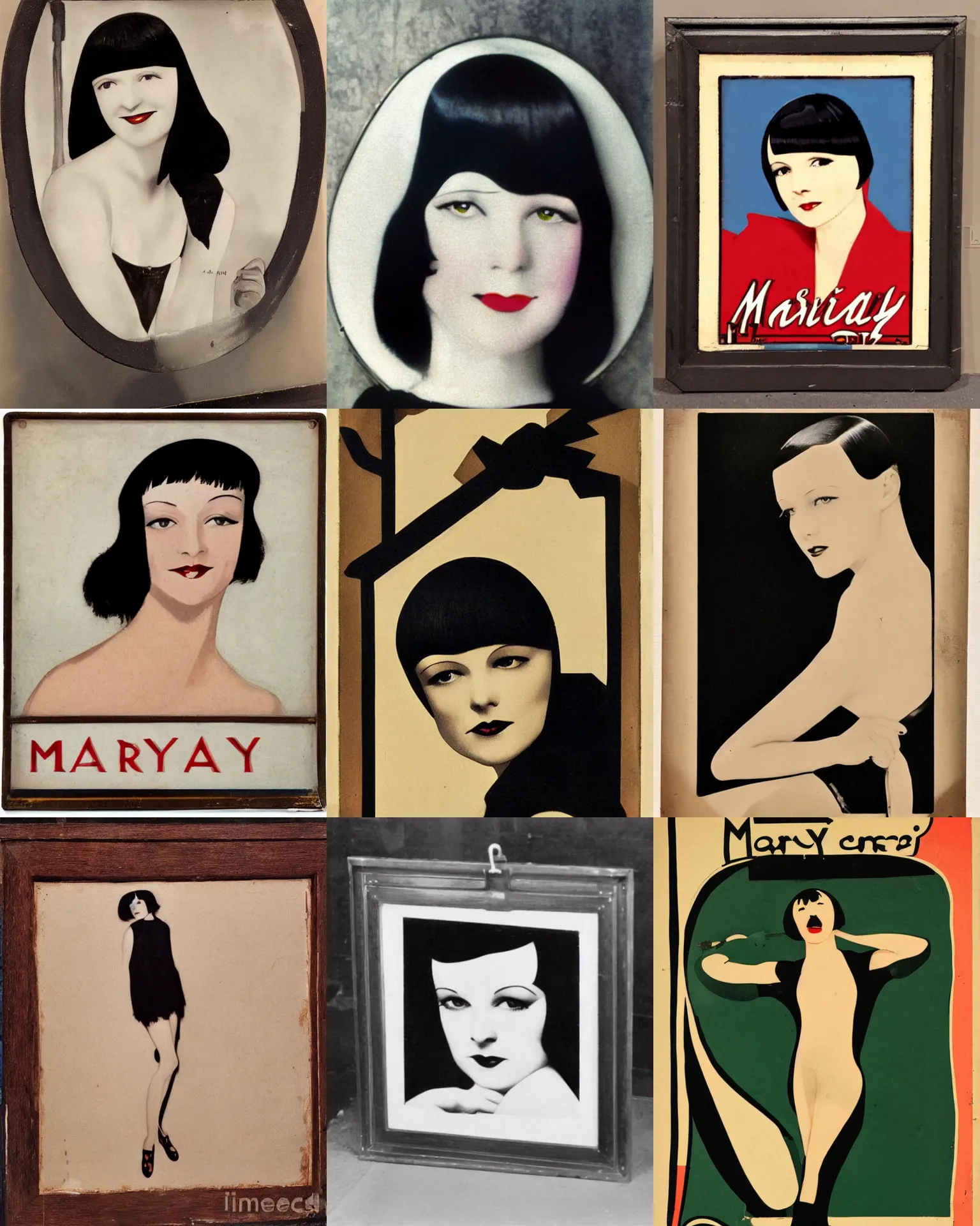 Prompt: enamel sign, 1 9 2 0 s saying mary louise brooks