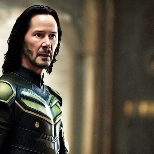 Prompt: film still of Keanu Reeves as Loki wearing the horned helmet in Avengers Endgame