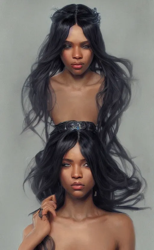 Image similar to a portrait of an attractive young Black female, beautiful long hair, clothed like a femme fatale, intricate, elegant, highly detailed, digital painting, trending on artstation, concept art, smooth, sharp focus, illustration, art by artgerm and greg rutkowski and alphonse mucha