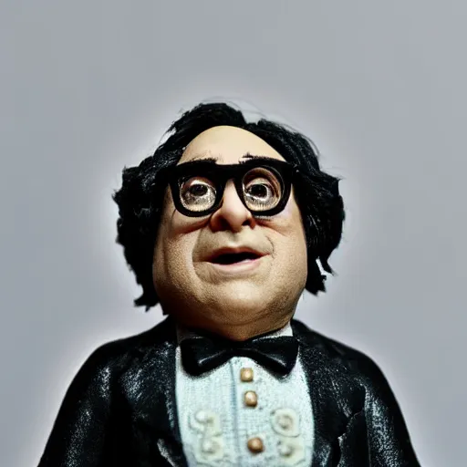Image similar to Danny DeVito as a claymation figure and a Tim Burton movie, extremely detailed, macro photo