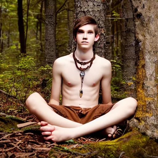 Image similar to a teenage boy, around 2 3 years old with necklace, natural brown hair, loincloth, pale skin, detailed face. sitting in ominous and eerie looking forest. natural colors. realistic photo.