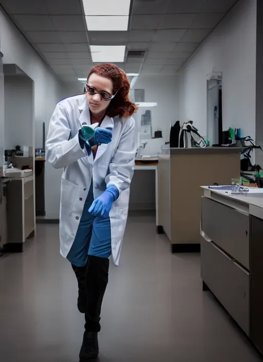 Prompt: a stock photo of a halloween female scientist open lab coat running from a monster in a lab, wide shot, 2 4 mm lens, cinematic lighting, volumetric fog, iso 8 0 0, shallow depth of field, horror movie, award winning