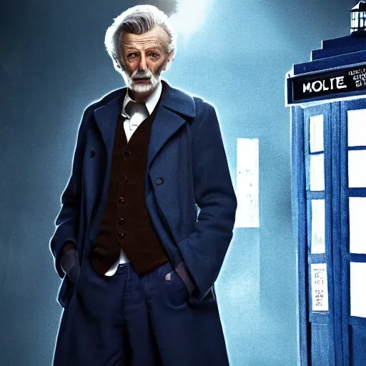 Image similar to tom holland as a rough dirty old man with a scruffy beard in a dark blue trenchcoat as the new doctor who, cinematic, volumetric lighting, f 8 aperture, cinematic eastman 5 3 8 4 film, photorealistic