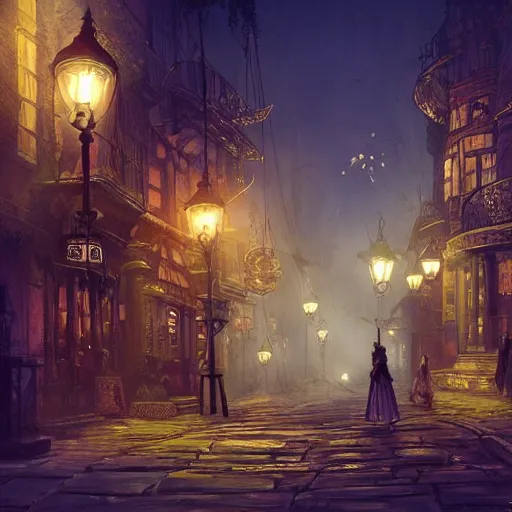 Prompt: fantasy steampunk victorian city street, with people walking on the streets, at night, 4k, concept art