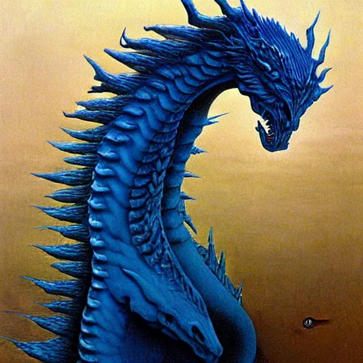 Image similar to blue eyes white dragon by zdzisław beksiński