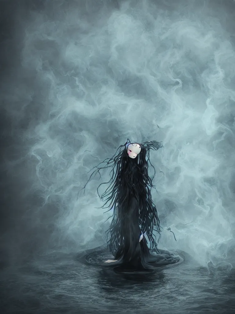 Prompt: cute fumo plush of a cursed frail witch girl sinking into an inky black reflective pond of blackness swirling with strange energetic fluid, volumetric smoke and fog, environment map reflective water, goth, vignette, vray