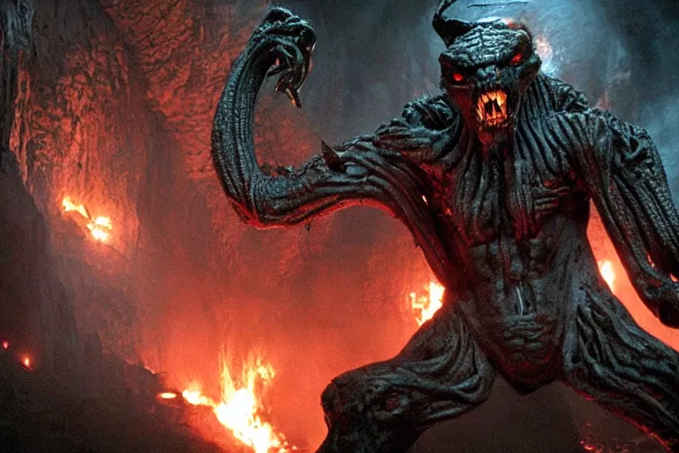 Image similar to movie still, a balrog lurking through moria, style of h. r. giger, directed by ridley scott, moria in the style of h. r. giger, dark, cinematic, cinemascope