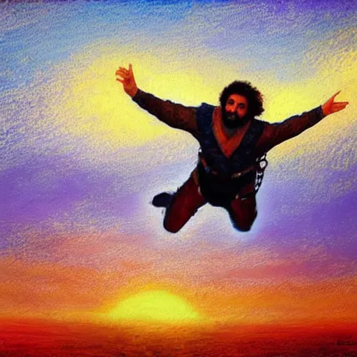 Prompt: arab man with curly hair skydiving alone, centered, pastel colors, peaceful, impressionist painting, figurative painting, intricate details, sunset