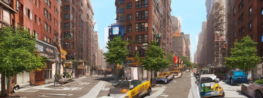 Image similar to realistic new york city street brooklyn, with large 3 d green pipes from super mario scattered on the buildings and on the street, sunny day, concept art on artstation, hyperdetailed, vray render, octane render,