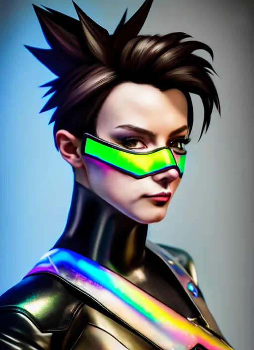 Image similar to hyperrealistic style portrait of tracer overwatch, confident pose, wearing black iridescent rainbow latex, rainbow, neon, 4 k, expressive happy smug expression, makeup, in style of mark arian, wearing detailed black leather collar, wearing sleek armor, black leather harness, expressive detailed face and eyes,