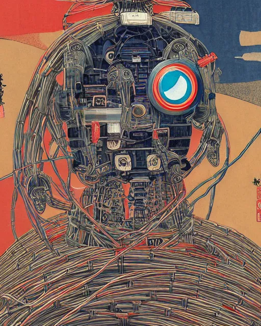 Image similar to Kuniyoshi portrait of a robot saint made of cables and robotic pod by james gilleard