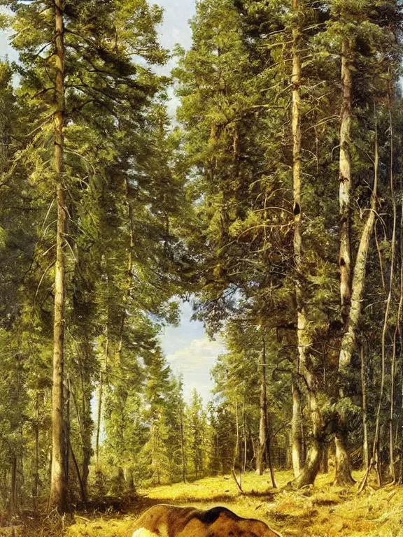 Image similar to Ivan Shishkin painting of a beautiful burger as a wild animal hiding at forest, beautiful lighting, sunny, summer, painting Ivan Shishkin