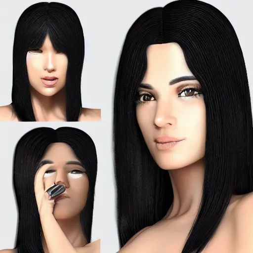 Image similar to black-haired beauty in 3D style , in a bikini , knee-length hair , 2K