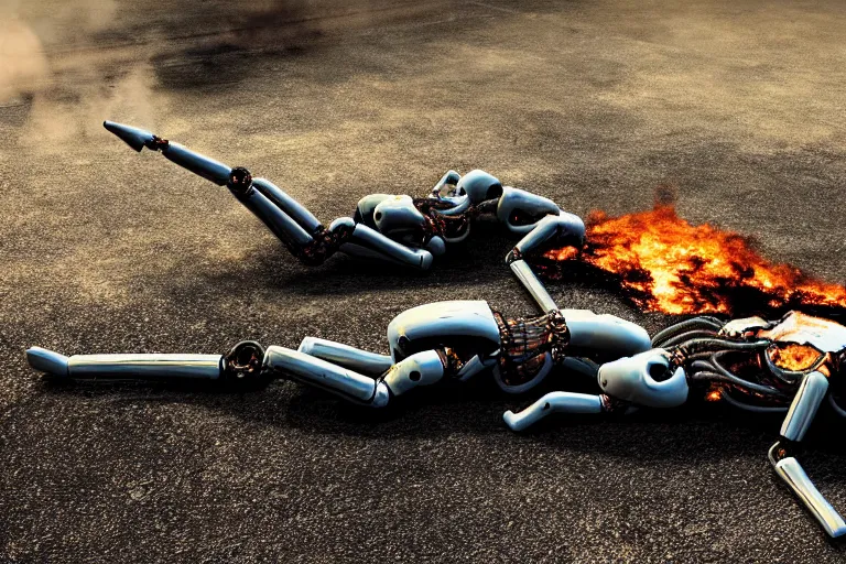 Image similar to vfx film closeup, dead robot couple on the ground holding hands, city street tire tracks fire. flat color profile low - key lighting award winning photography arri alexa cinematography, hyper real photorealistic cinematic atmospheric cool colorgrade