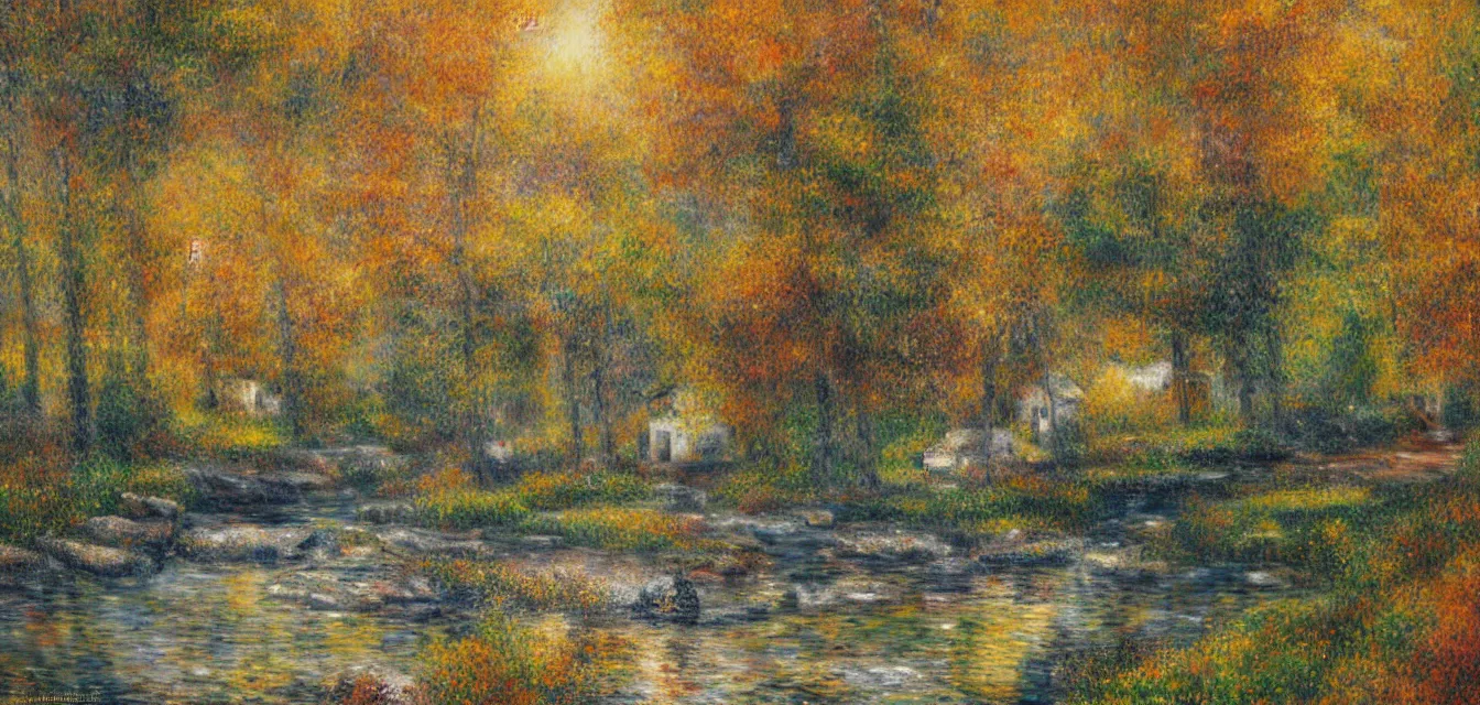 Prompt: a painting of sparse stone cottages underneath a dense forest, with a cascading river and pristine reflect. gorgeous, elegant, sophisticated, an ultrafine painting, intricate brused strokes, bright depth oil colors, by renoir and araken alcantara, mist diffuse promiseful illumination, autumn sunrise warm light, detailed and intricate environment of hopeful bodyscapes