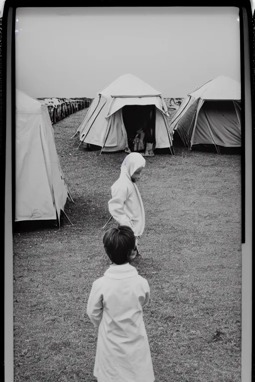 Image similar to photo polaroid of a sad and lonely child in a white coat and barefoot stands in the middle from behind the camera many big tents of field hospitals, pandemic, covid, loneliness, black and white ,photorealistic, 35mm film,