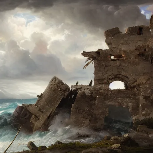 Prompt: Panorama view of a hurricane lifting ruined pieces from an ancient castle into the sky, flying island, eye of the hurricane, oil painting, by Greg Rutkowski