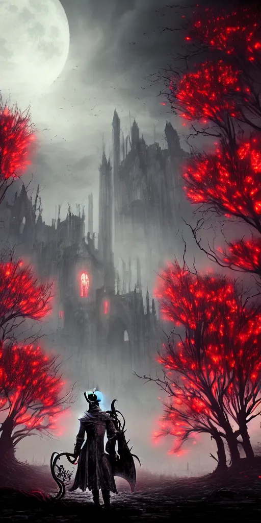 Image similar to abandoned bloodborne old valley with a obscure person at the centre and a ruined gothic city in the background, trees and stars in the background, falling red petals, epic red - orange moonlight, perfect lightning, wallpaper illustration by niko delort and kentaro miura, 4 k, ultra realistic