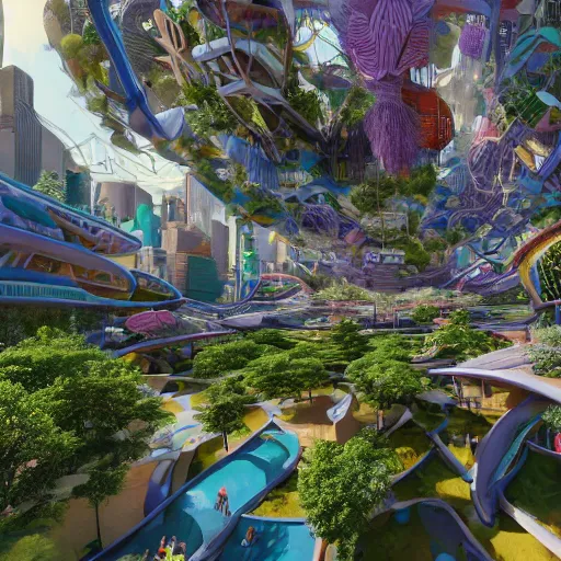 Image similar to Bustling photorealistic!!! utopian city reimagined by Max Hay, inverted fisheye lens!!!, eyelevel!!! view!!! photography, trending on artstation, 4k, 8k, lens distortion, chromatic aberration, soft focus blur, photorealistic imagery, photorealistic details, intricate, highly detailed, artstation 3d, artstation render, artstation 3d render, 3d art, unreal engine 3d, octane 3d, blender 3d, 3d landscape