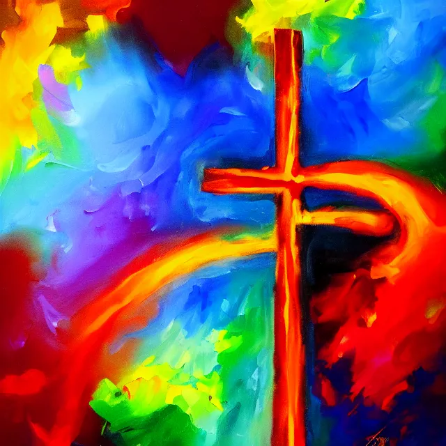 Prompt: cross on fire burning in gushing flames, rainbow colors, oil painting, bold strokes