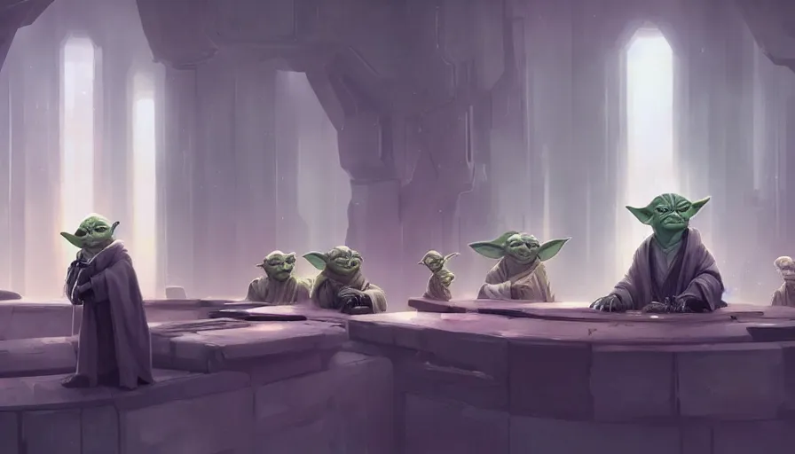 Prompt: Yoda hungover at the jedi council at coruscant, cloee-up shot, details, sharp focus, illustration, by Jordan Grimmer and greg rutkowski, Trending artstation, pixiv, digital Art