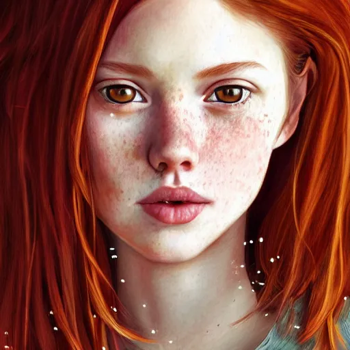 Image similar to highly detailed portrait of a red haired girl, long hair, green eyes, hint of freckles, beautiful round face, soft amazed smiles, among golden fireflies, deep focus, elegant, digital painting, smooth, sharp focus, golden ratio, illustration, ultra realistic, 8 k, art by artgerm and caravaggio