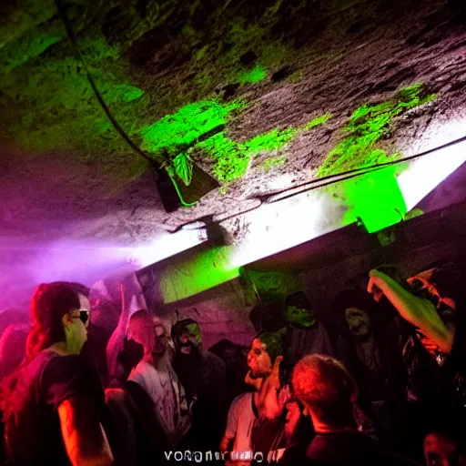 Image similar to underground party with smoke and laser system in paris catacombs, les catacombes, people dancing, dark, uv, techno, bones, underground party, photography canon