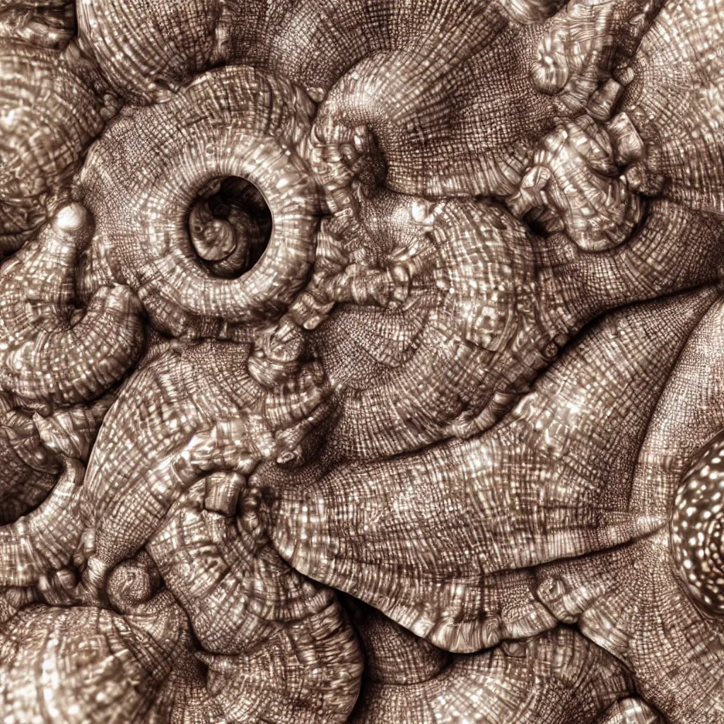 Image similar to macro of geometric complex sea snail by ernst haeckel, closeup, fractal, realistic cinema 4 d render, beach sand background, clear focus, very coherent, very detailed