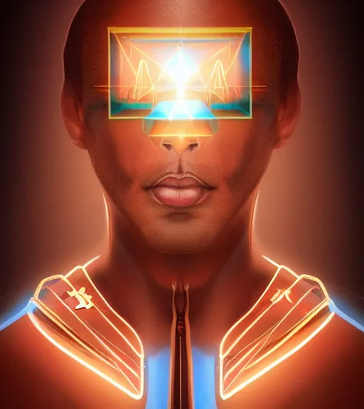 Image similar to symmetry!! egyptian prince of technology, solid cube of light, hard edges, product render retro - futuristic poster scifi, lasers and neon circuits, brown skin man egyptian prince, intricate, elegant, highly detailed, digital painting, artstation, concept art, smooth, sharp focus, illustration, dreamlike, art by artgerm