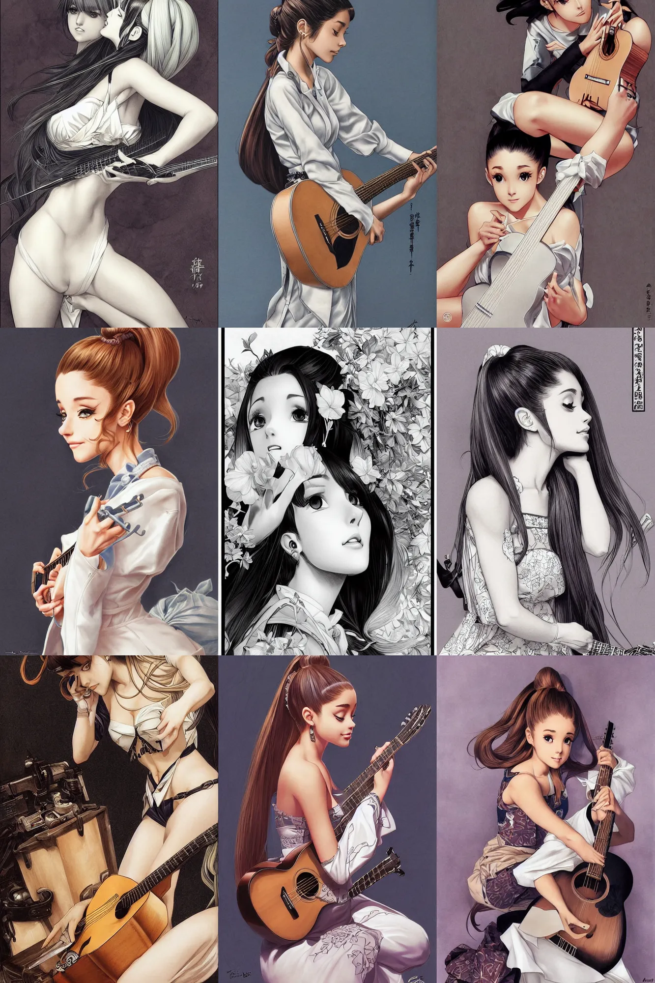 Prompt: Ariana Grande playing acoustic guitar, manga, highly detailed, beauty, art by Takehiko Inoue, Artgerm, intricate, elegant, J. C. Leyendecker