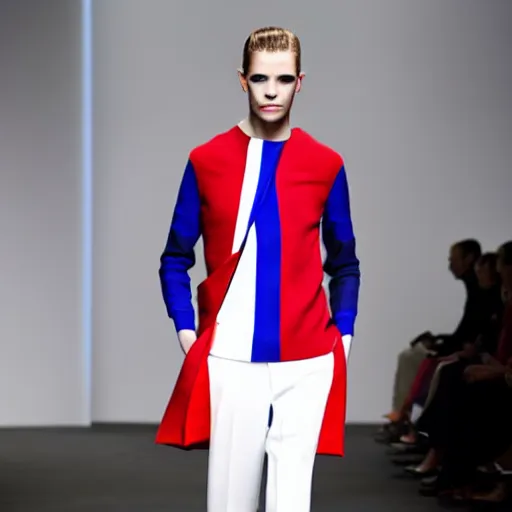 Prompt: fashion by Hugo Boss incorporating red white and blue, brutalist fashion show, studio lighting