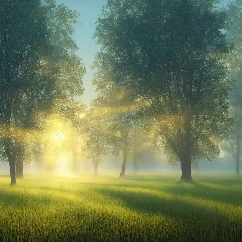 Prompt: a flat field in front of a treeline with many low hanging trees, bright colors!, misty!, sunset!, light rays, beautiful lighting, vivid colors, intricate, elegant, smooth, sharp focus, highly detailed digital painting, concept art, cinematic, unreal engine, 4 k wallpaper, svetlin velinov, tarmo juhola, artstation trending