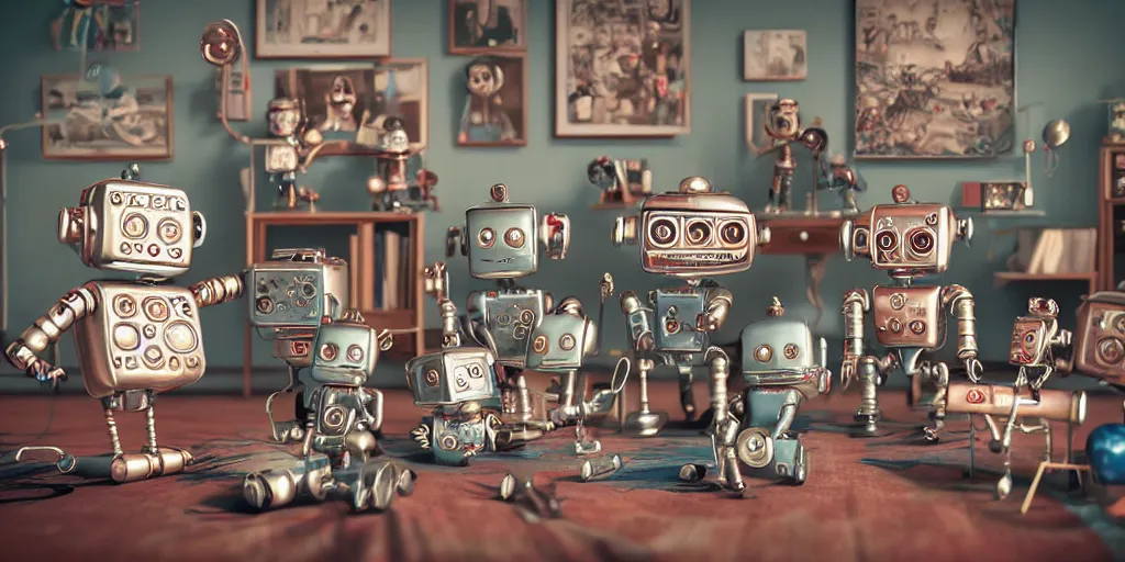 Image similar to closeup portrait of tin toy retro living room of robot family, depth of field, zeiss lens, detailed, centered, fashion photoshoot, by nicoletta ceccoli, mark ryden, lostfish, breathtaking, 8 k resolution, extremely detailed, beautiful, establishing shot, artistic, hyperrealistic, octane render, - h 8 0 4