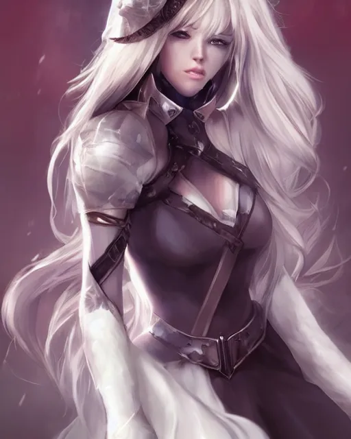 Prompt: The successful warrior is the average man, with laser-like focus, artwork by artgerm, anime, elegant, seductive, long white hair, knee high socks, short plaid skirt, white blouse, full shot, wide-shot, long-shot, fantasy, mystical, magical