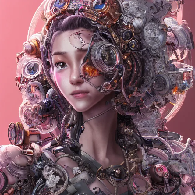 Image similar to the portrait of true neutral semi - colorful female cyborg mechanist as absurdly beautiful, gorgeous, elegant, young gravure idol, an ultrafine hyperdetailed illustration by kim jung gi, irakli nadar, intricate linework, bright colors, octopath traveler, final fantasy, unreal engine 5 highly rendered, global illumination, radiant light, detailed and intricate environment