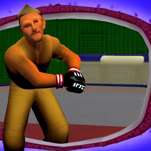 Image similar to character screenshot of ufc fighter sean o'malley in psychonauts, ps 2 graphics, dream world, sd video, cutscene