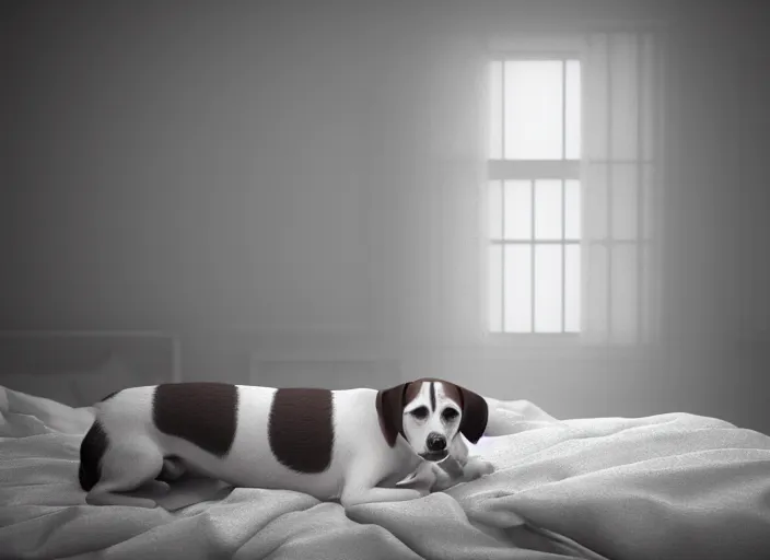 Image similar to photography of a Jack Russel watching outside the window on a bed in a 3d rendered white room, octane render, 3d, foggy, volumetric light, volumetric fog, photorealistic, unreal engine 5, award winning photo, 100mm, sharp, cloth, high res