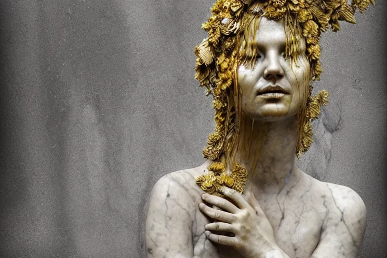 Prompt: a sculpture of a person with flowing golden tears, fractal plants and fractal flowers on the skin, a marble sculpture by nicola samori, behance, neo - expressionism, marble sculpture, apocalypse art, made of mist, octan render