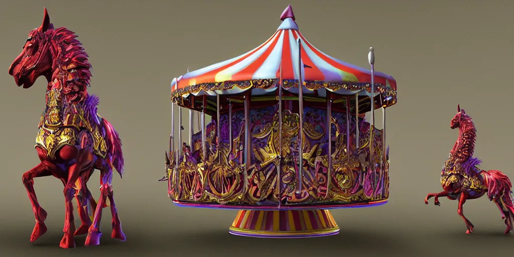 Prompt: a 3d sculpt of a colourful evil circus carousel horse, dark souls