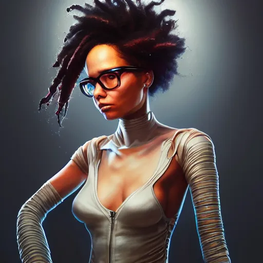 Prompt: an insanely detailed portrait of zoe kravitz repairing a broken robot, she has straight short red hair, she is wearing glasses, in the style of peter mohrbacher, artgerm, dramatic lighting and composition, octane render, trending on artstation, concept art