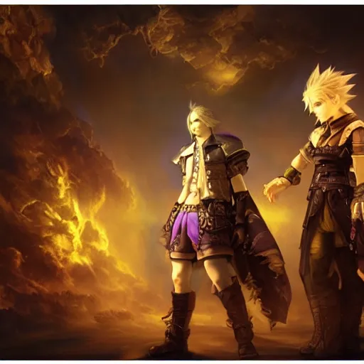 Prompt: final fantasy characters portrait, atmospheric lighting, painted, golden ratio, purple lighted scene, intricate, highly detailed by rembrandt