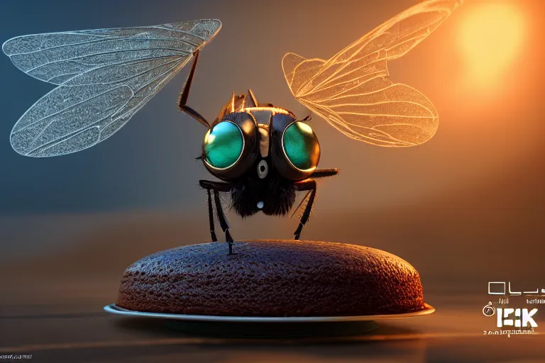 Prompt: a huge fly is sitting on a cake, 4 k, ultra details, cinematic, epic style, beautiful photo, hyper realistic, octane render, unreal engine, award winning, on artstation, volumetric lightning, masterpiece, golden hour,