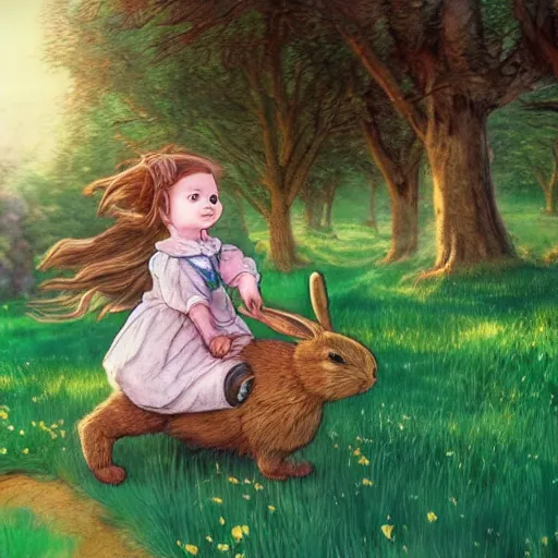 Prompt: beautiful picture of a little girl riding a giant rabbit, wonderland, land of Oz, Beatrix Potter, trending on Artstation