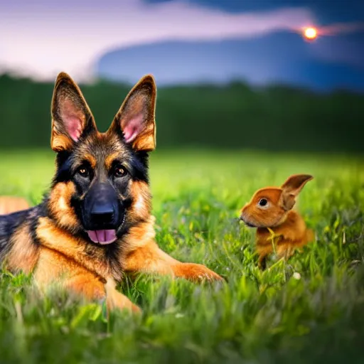 Prompt: german shepard in a field with bunnies, photography, hyper realistic, high detail, golden hour